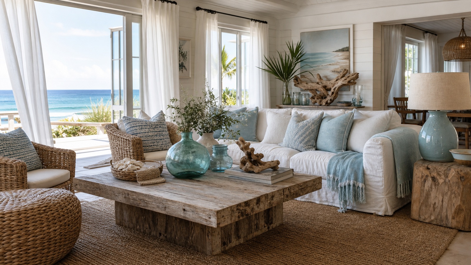 Realistic bright beach house living room with ocean view, white sofa, weathered wood table, woven chairs, sea glass vases, driftwood, and soft blue accents.