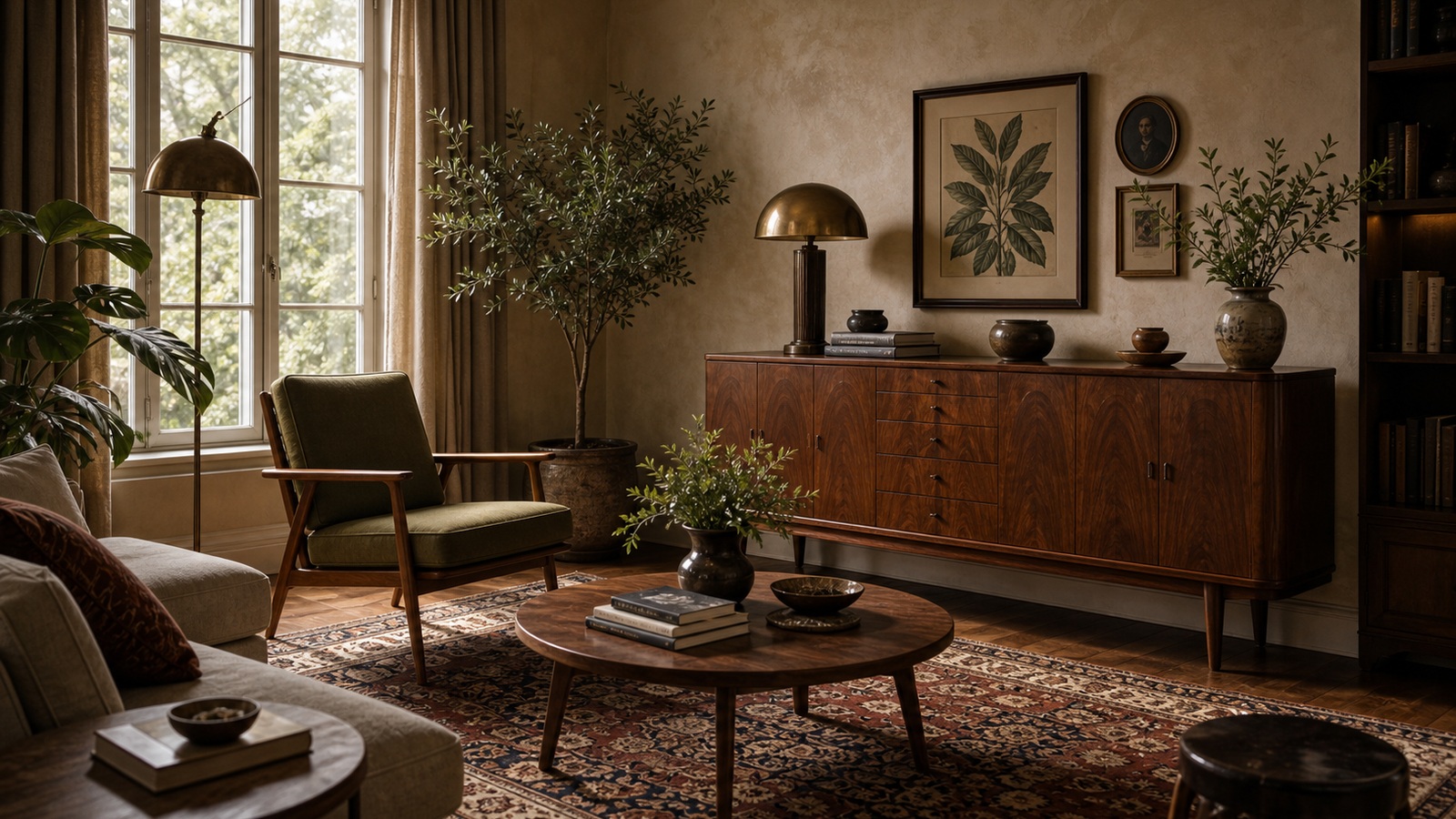 Realistic classic vintage living room with walnut sideboard, mid-century chair, brass lamp, botanical art, and warm daylight.