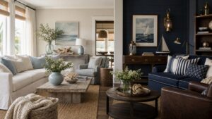Realistic split-style interior showing airy coastal decor on one side and tailored nautical decor with navy, brass, and ship-inspired objects on the other.
