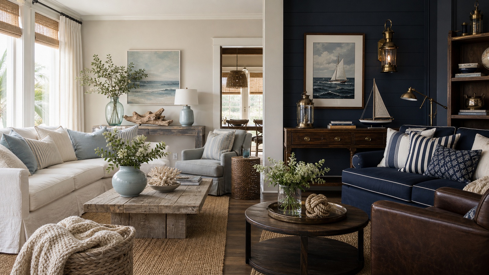 Realistic split-style interior showing airy coastal decor on one side and tailored nautical decor with navy, brass, and ship-inspired objects on the other.