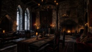 Realistic dark medieval castle interior with stone walls, wrought iron candle chandeliers, dark wood, velvet textiles, and moody arched windows.
