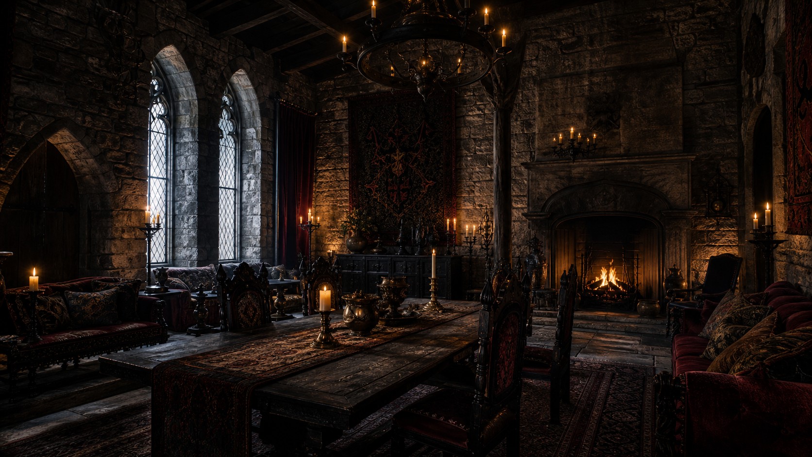 Realistic dark medieval castle interior with stone walls, wrought iron candle chandeliers, dark wood, velvet textiles, and moody arched windows.