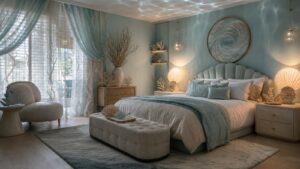 Realistic serene underwater theme bedroom with aqua walls, soft shell-like bed shapes, gauzy curtains, pearly light, and ocean-inspired decor.