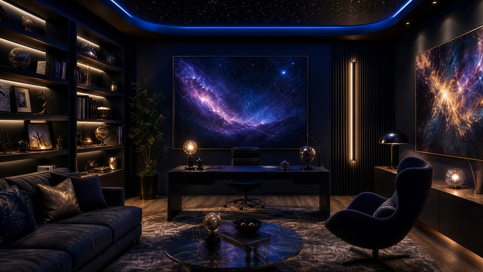 Realistic galaxy-themed interior with dark layered walls, star-like pin lights, nebula artwork, smoked glass, velvet seating, and controlled glow.