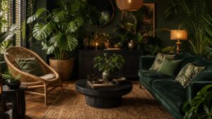 Realistic jungle-inspired living room with deep green walls, tropical plants, rattan seating, velvet sofa, and warm brass lighting.