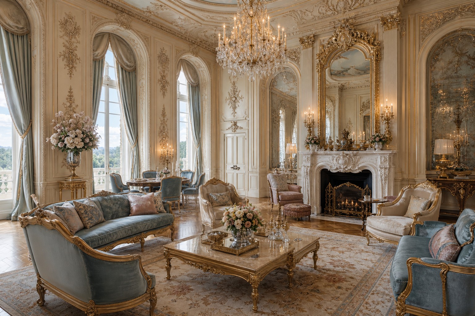 Realistic luxury European palace interior with arched windows, carved plaster moldings, marble fireplace, gilded mirror, silk drapery, and chandelier.