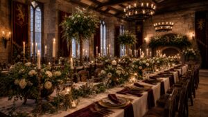 Realistic medieval castle wedding reception with stone great hall, long banquet tables, candlelight, greenery, cream flowers, velvet runners, and iron chandeliers.