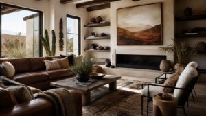 Realistic modern western living room with clean leather seating, warm plaster walls, woven textiles, black iron, sculptural wood, and desert tones.