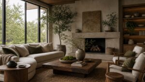 Realistic calm nature-inspired living room with stone fireplace, linen seating, indoor tree, natural wood, and soft greenery outside.