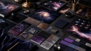 Realistic creative studio mood board with galaxy photography, dark design materials, metallic swatches, velvet samples, and cosmic brand inspiration.