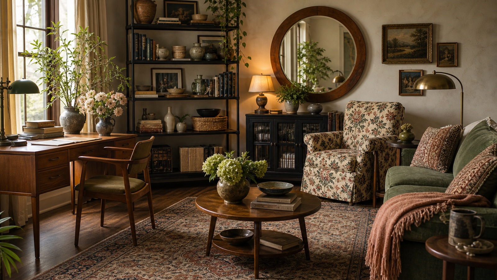 Realistic curated vintage interior with floral chair, round mirror, wood desk, shelves, books, flowers, and layered warm lighting.