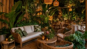 Realistic tropical jungle lounge and event setting with layered palms, rattan seating, warm lanterns, bamboo, and deep green foliage.