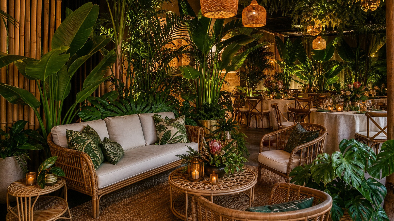 Realistic tropical jungle lounge and event setting with layered palms, rattan seating, warm lanterns, bamboo, and deep green foliage.