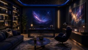 Realistic modern galaxy aesthetic room with deep navy walls, star-like ceiling lights, nebula artwork, dark velvet seating, metallic accents, and layered glow.