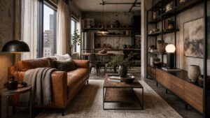 Realistic refined industrial apartment with concrete wall, black metal shelving, compact leather sofa, warm wood, linen curtains, soft rug, and curated ceramics.