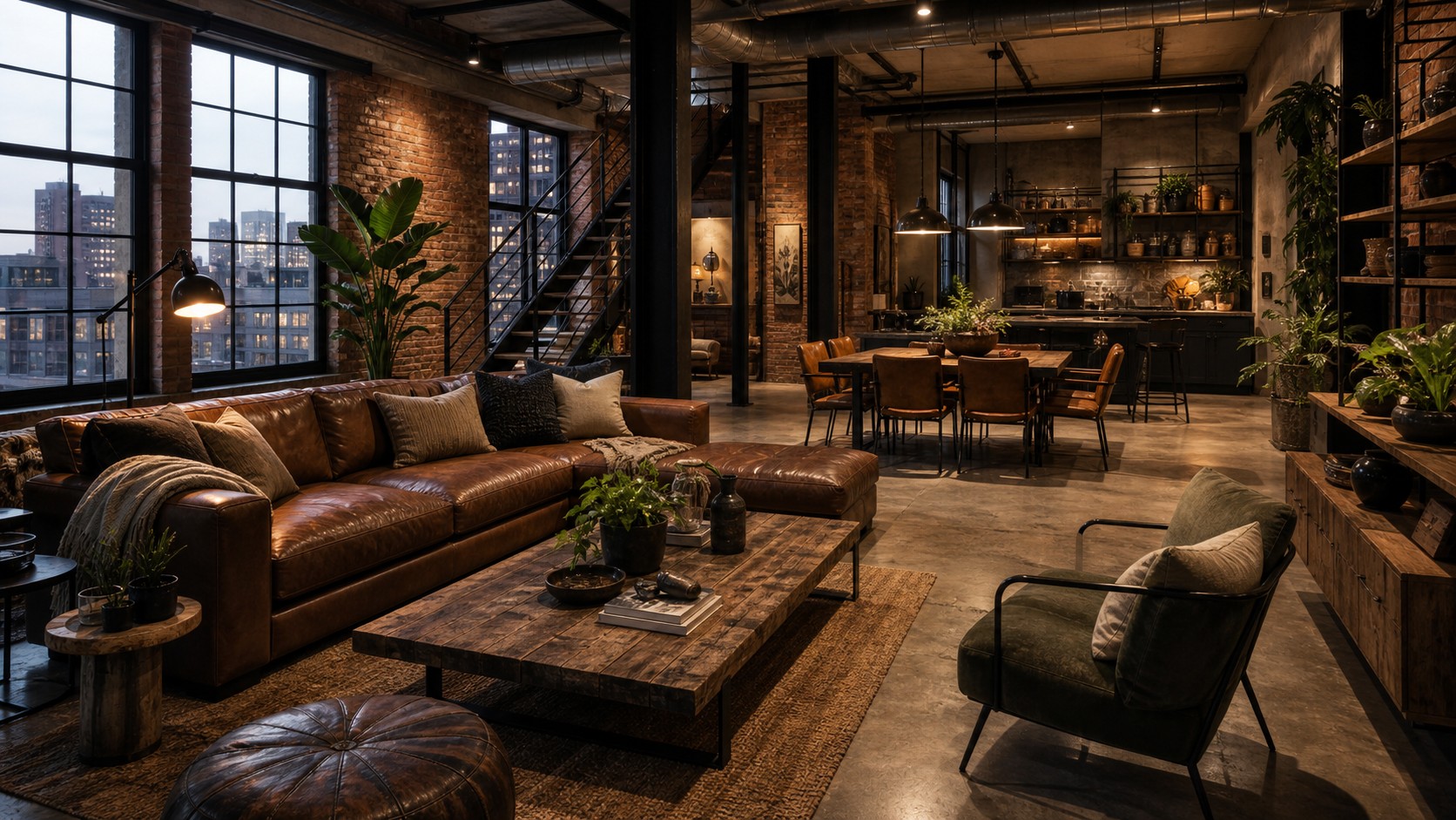 Realistic urban industrial loft with exposed brick, black steel windows, concrete floor, leather seating, reclaimed wood table, plants, and warm lighting.