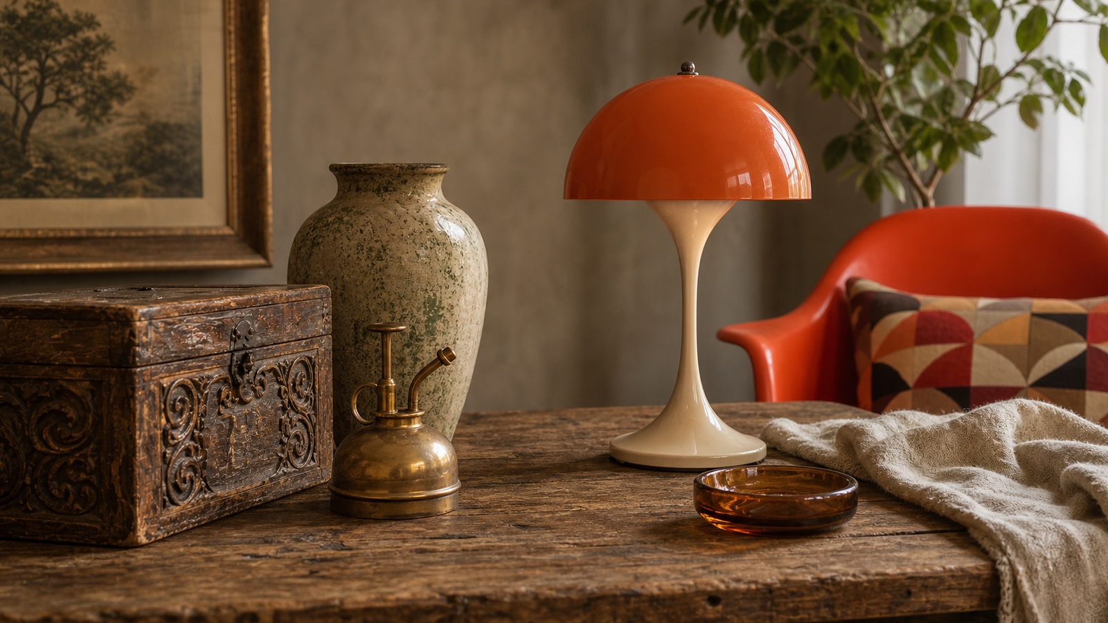 Realistic still life of antique, vintage, and retro decor objects with aged wood, ceramic, brass, and a colorful lamp.