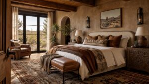 Realistic western bedroom with cream bedding, leather bench, wool blankets, carved wood nightstands, iron lamps, patterned rug, and warm desert light.