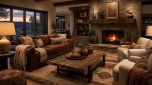 Realistic western living room with leather sofa, stone fireplace, woven blankets, reclaimed wood table, iron accents, pottery, and warm evening light.